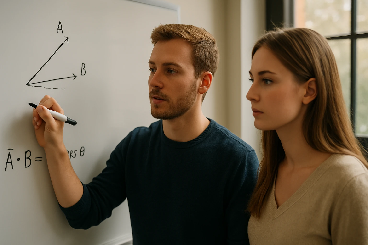 Két fiatal, aki egy fehér táblán geometriai ábrákat rajzol.