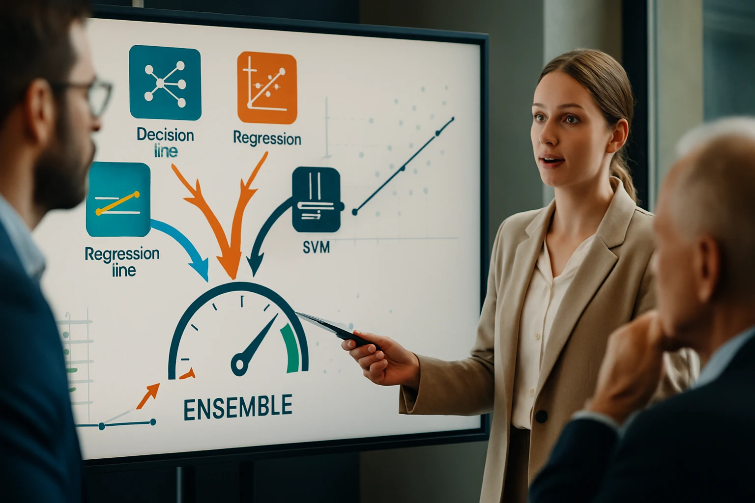 Egy nő prezentál egy diagramot, amely a gépi tanulás különböző módszereit mutatja be.