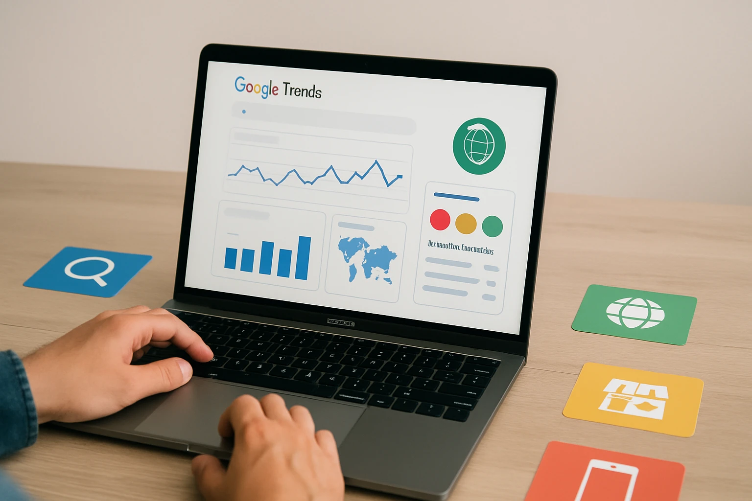 Egy laptop képernyőjén a Google Trends grafikonjai és statisztikái láthatók.