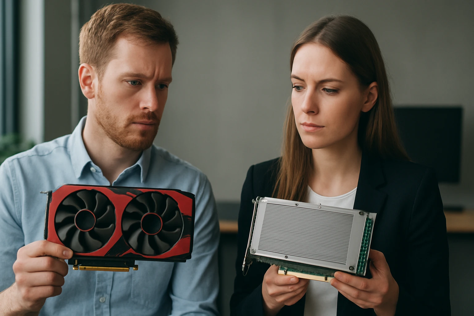 Két ember, egy férfi és egy nő, grafikus kártyákat tart a kezében, komoly arckifejezéssel.