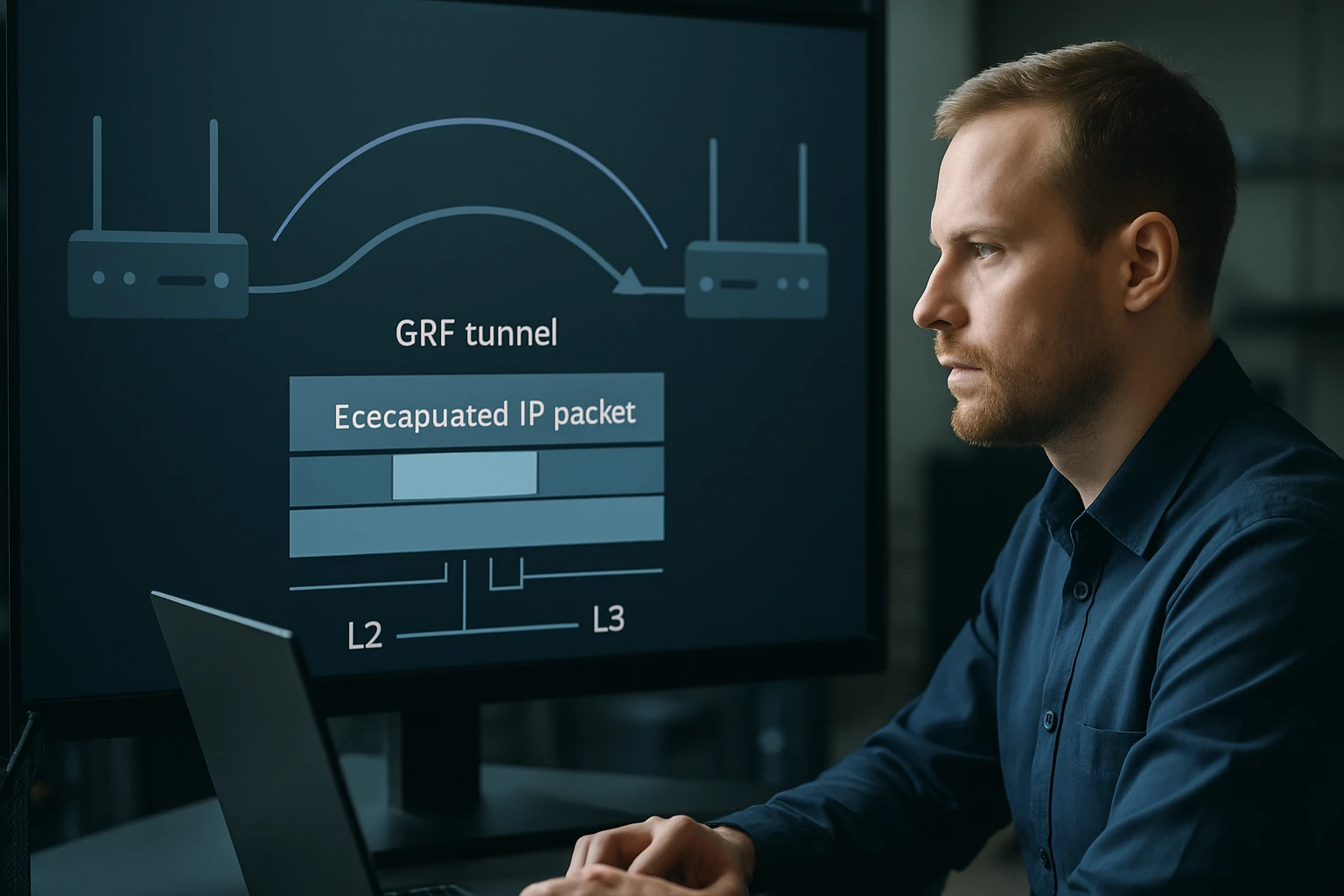 Egy férfi a számítógép előtt, a képernyőn GRF alagút és IP csomagok láthatók.