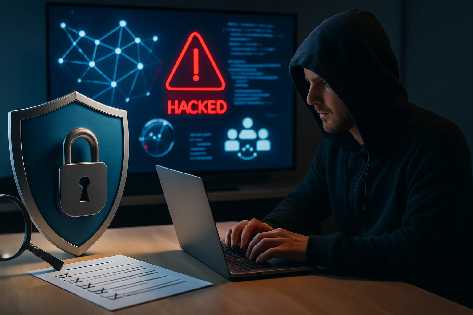 Egy férfi laptop előtt ül, háttérben hackelésre utaló grafika látható.