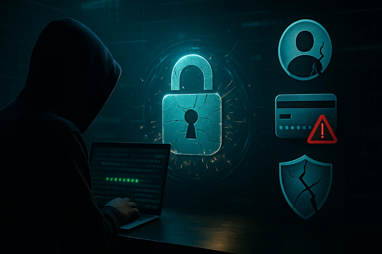 Egy hacker sötét háttér előtt laptopot használ, körülötte biztonsági ikonok láthatók.