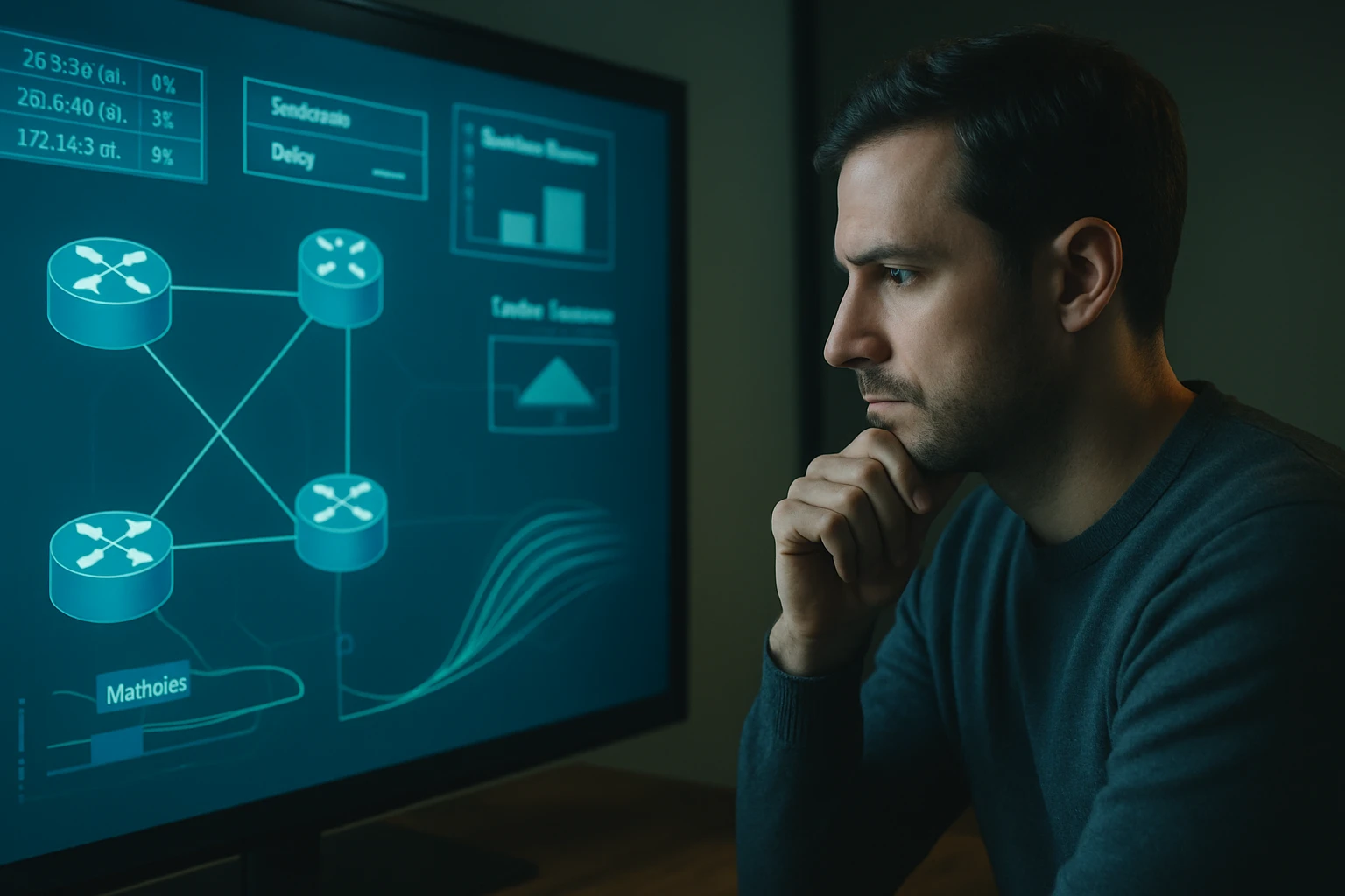 Egy férfi figyelmesen néz egy számítógép képernyőjére, amely hálózati adatokat mutat.
