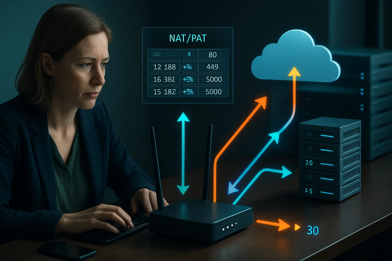 Egy nő számítógépen dolgozik, miközben hálózati adatokat elemez.