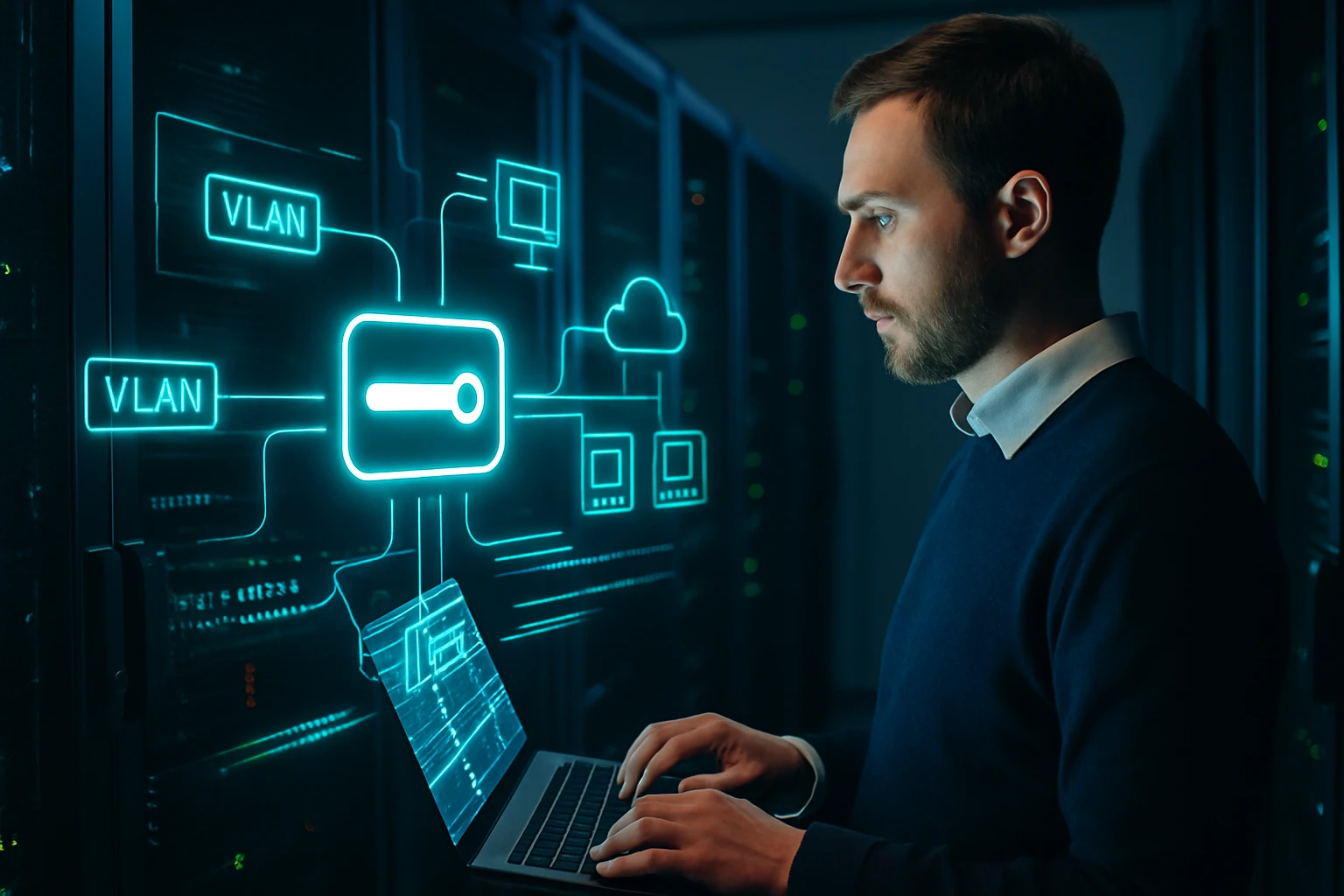 Egy férfi laptopon dolgozik, miközben hálózati diagramokat néz.