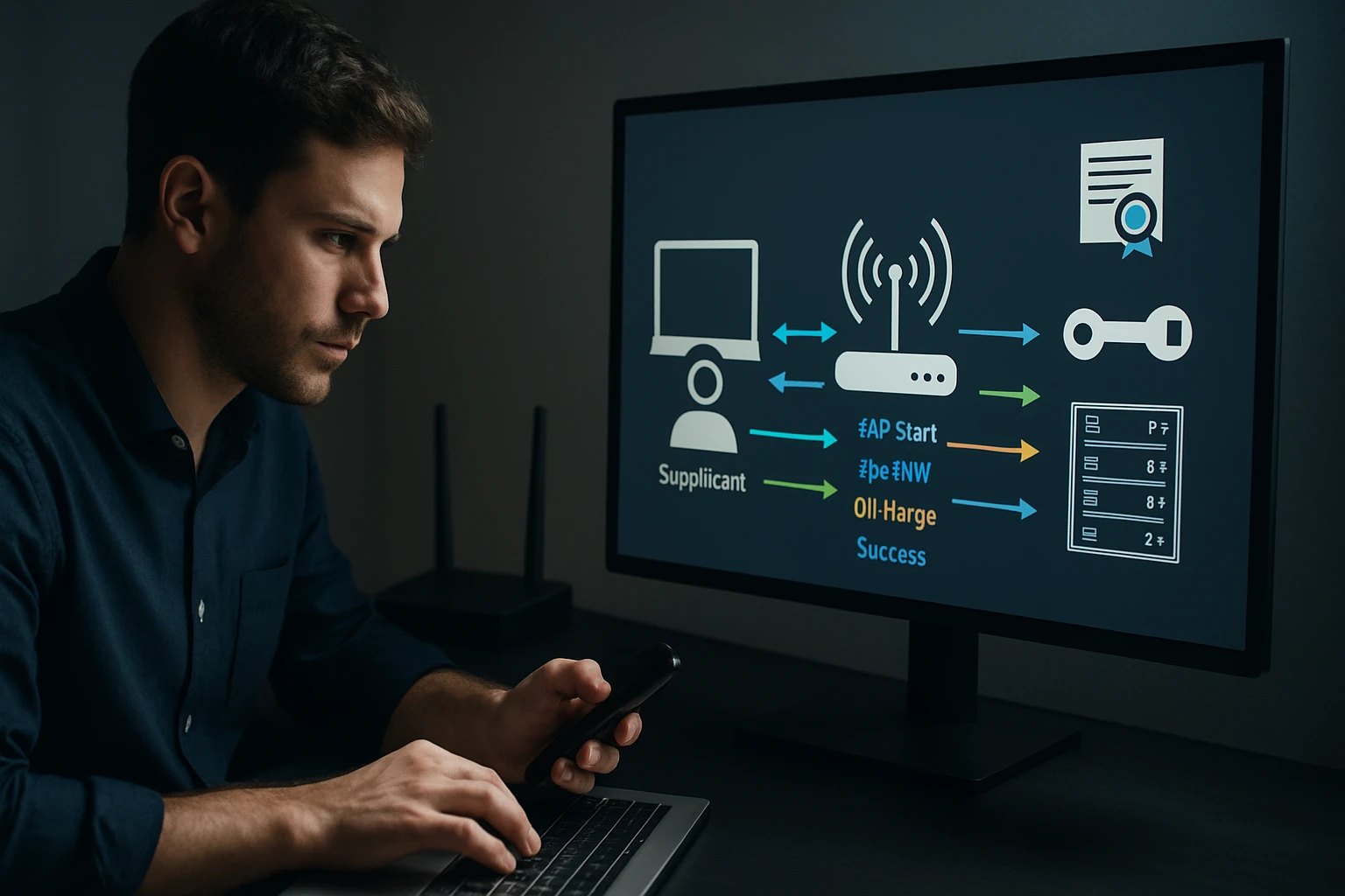 Egy férfi laptopon dolgozik, miközben egy hálózati diagramot néz a monitoron.
