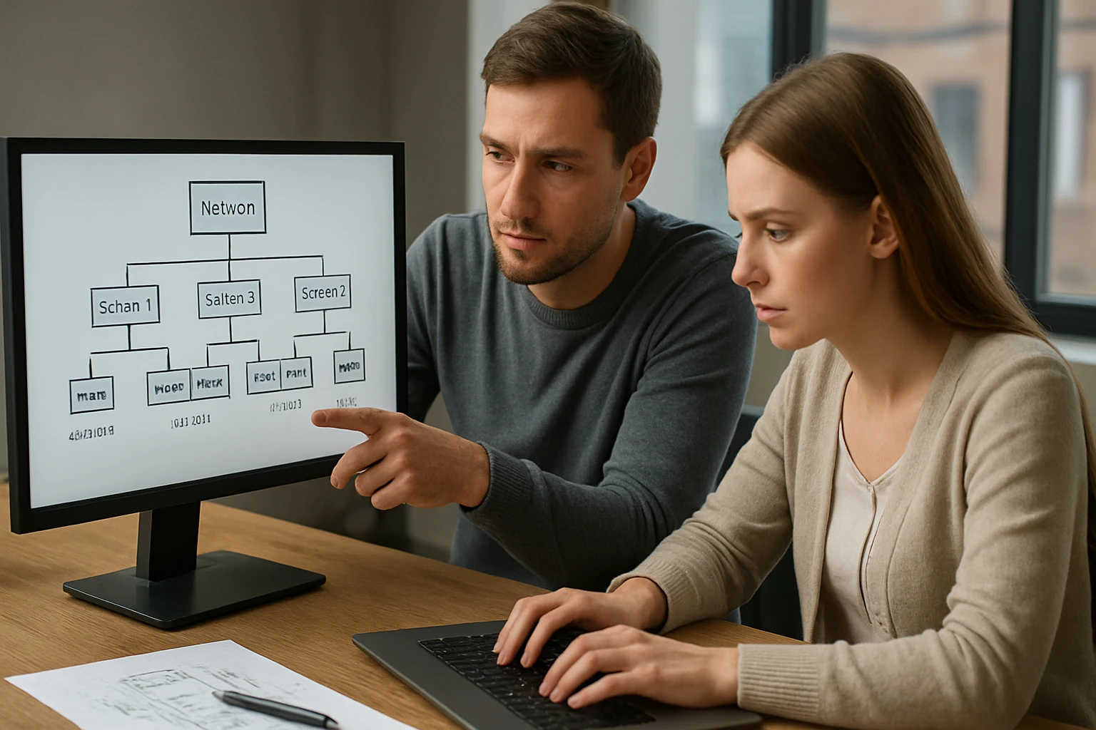 Két ember egy számítógép előtt, egy hálózati diagramot elemzenek.