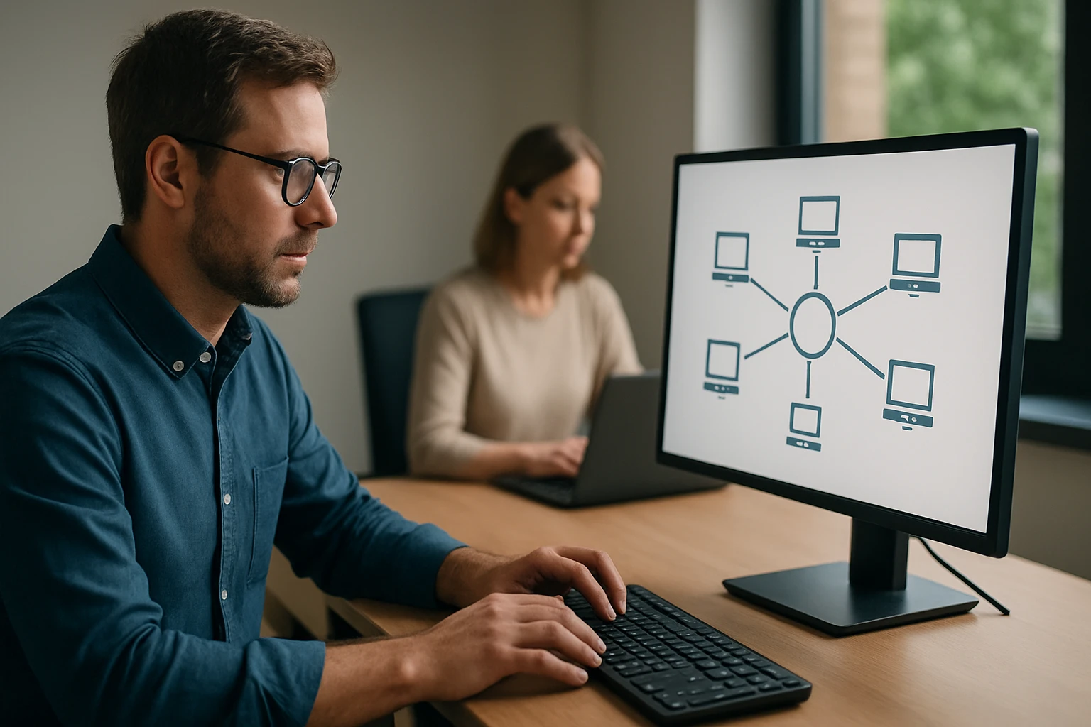 Egy férfi számítógépen dolgozik, háttérben egy nő és egy hálózati diagram látható.