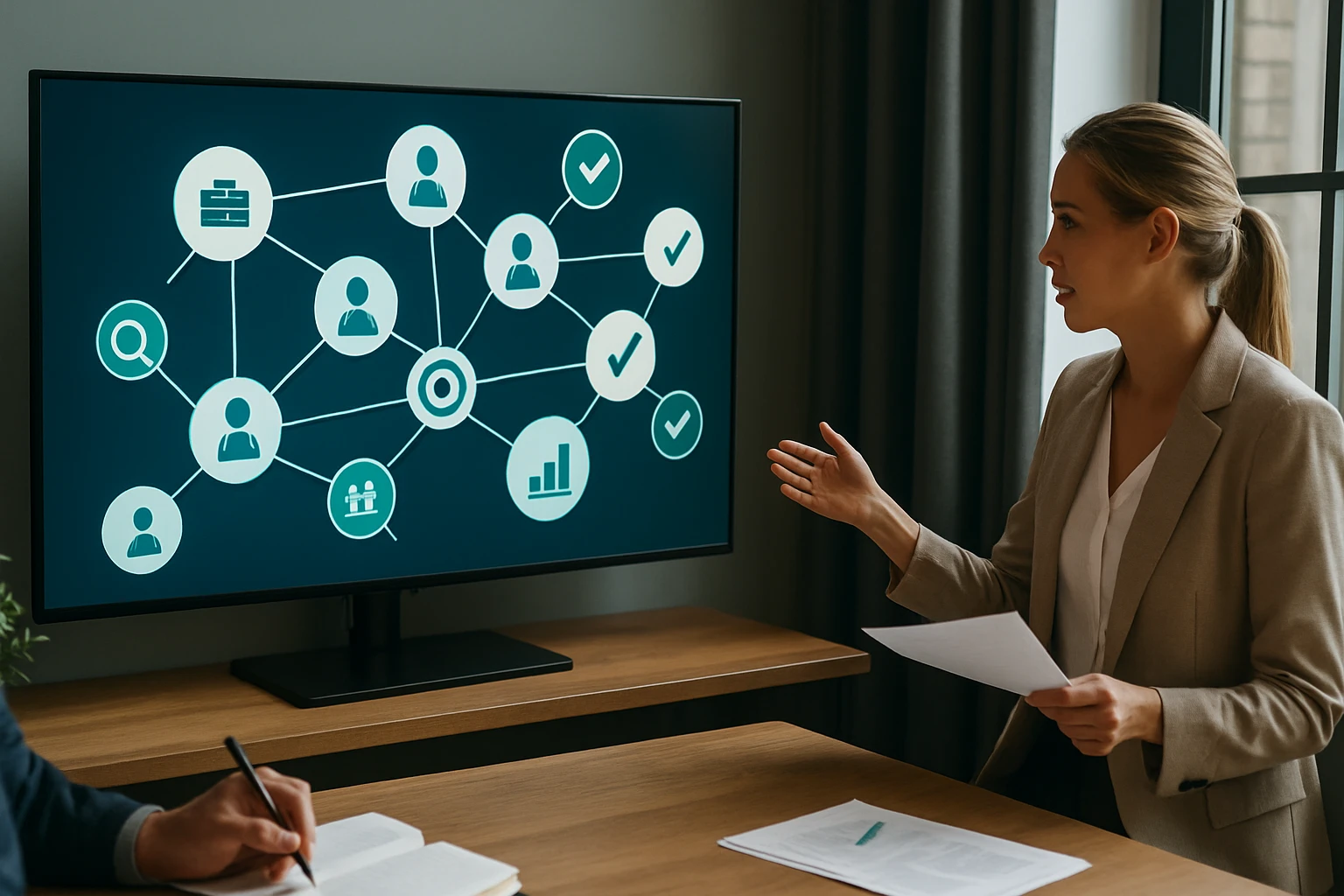 Egy nő prezentál egy grafikus hálózati diagramot egy nagy képernyőn.