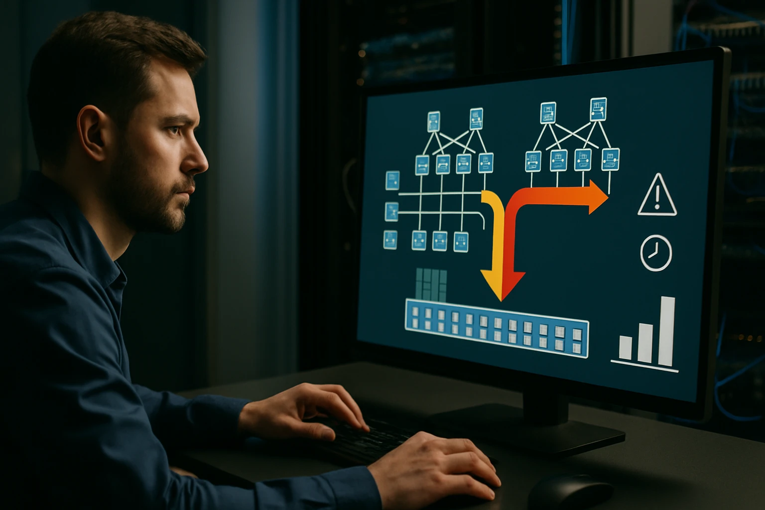 Egy férfi figyelmesen nézi a számítógép képernyőjét, amely hálózati diagramokat mutat.