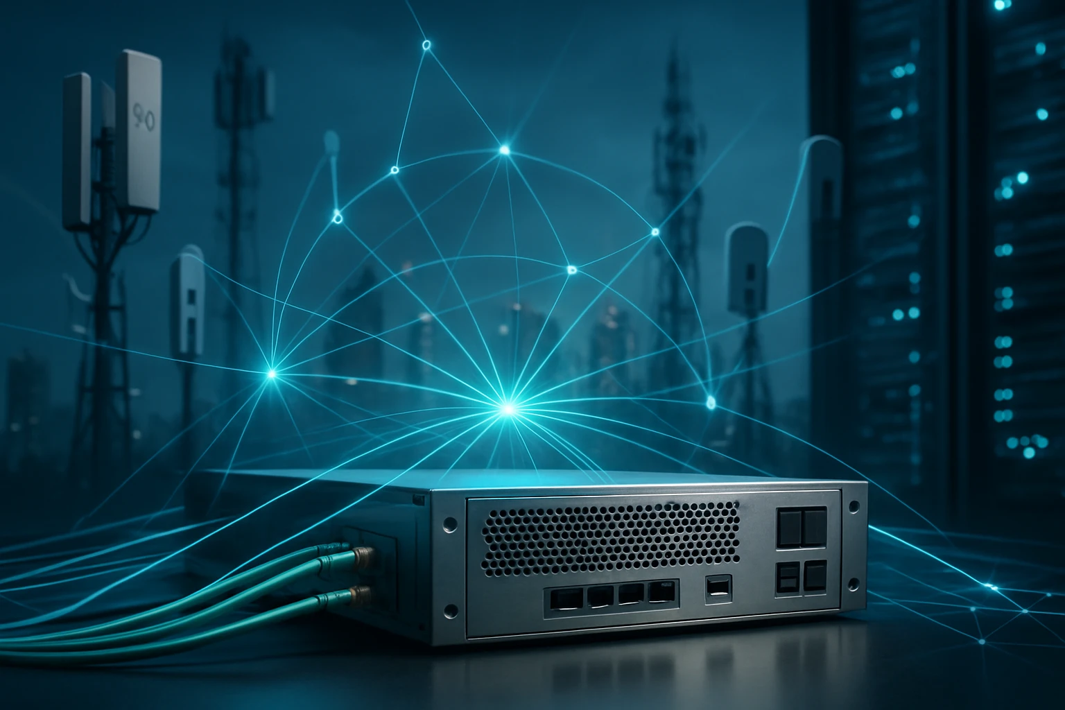 Egy modern hálózati eszköz, amely adatkapcsolatokat biztosít, háttérben antennákkal.