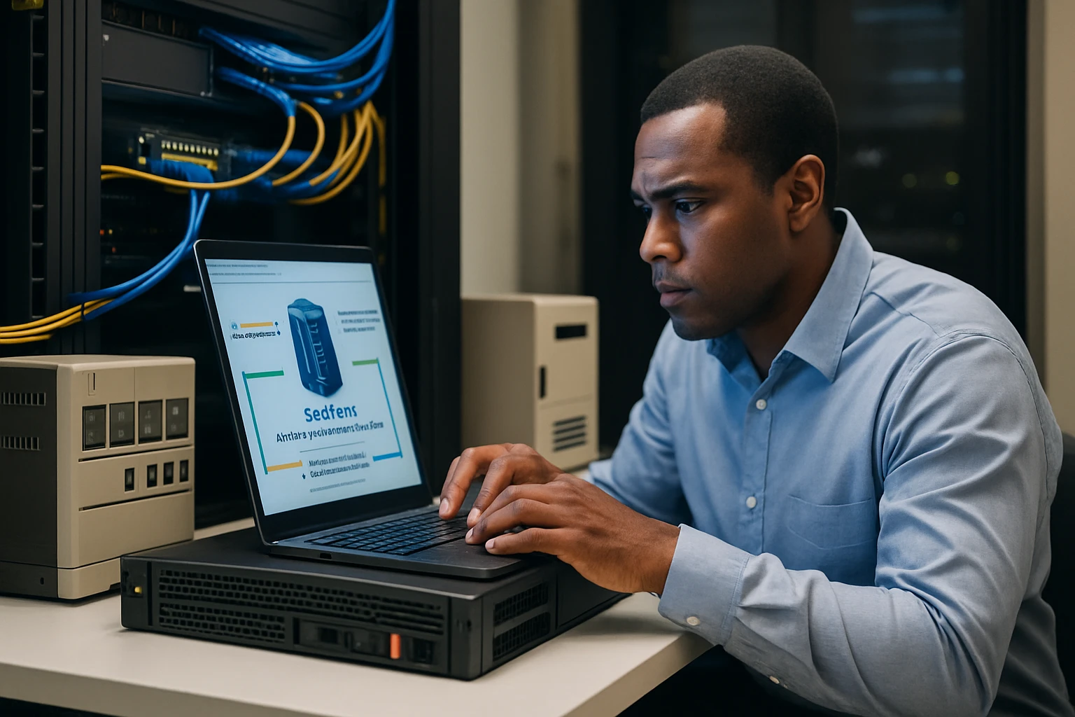 Egy férfi számítógépen dolgozik, háttérben hálózati eszközökkel.