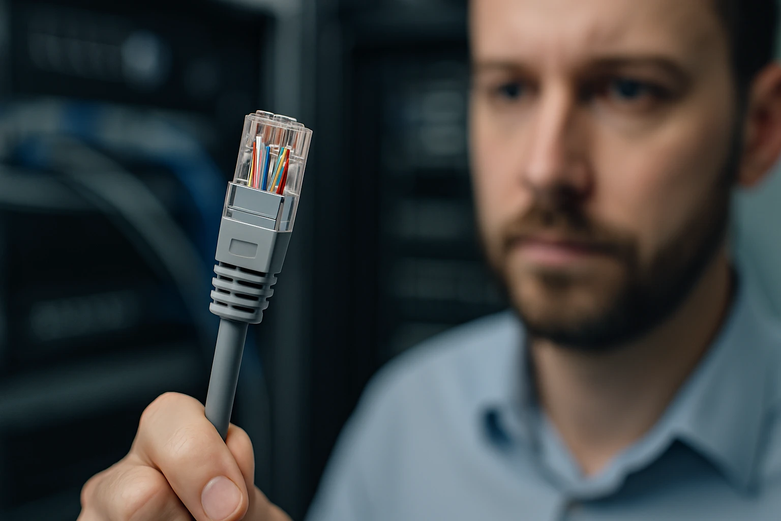 Egy férfi kezében tart egy hálózati kábelt, amelynek látható a belseje.