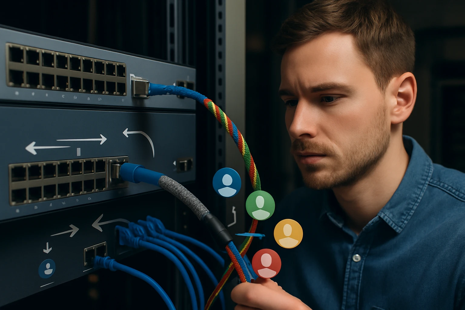 Egy férfi figyelmesen csatlakoztat hálózati kábeleket egy switchhez.