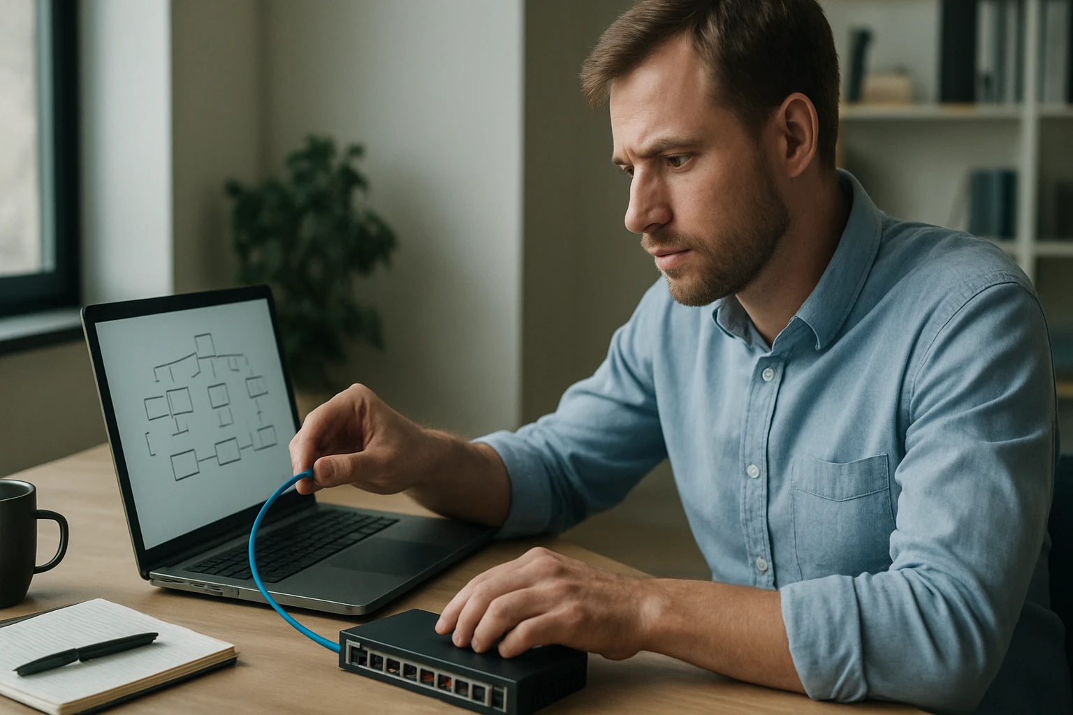 Egy férfi kék kábelt csatlakoztat egy hálózati kapcsolóhoz, miközben laptopján diagramot néz.