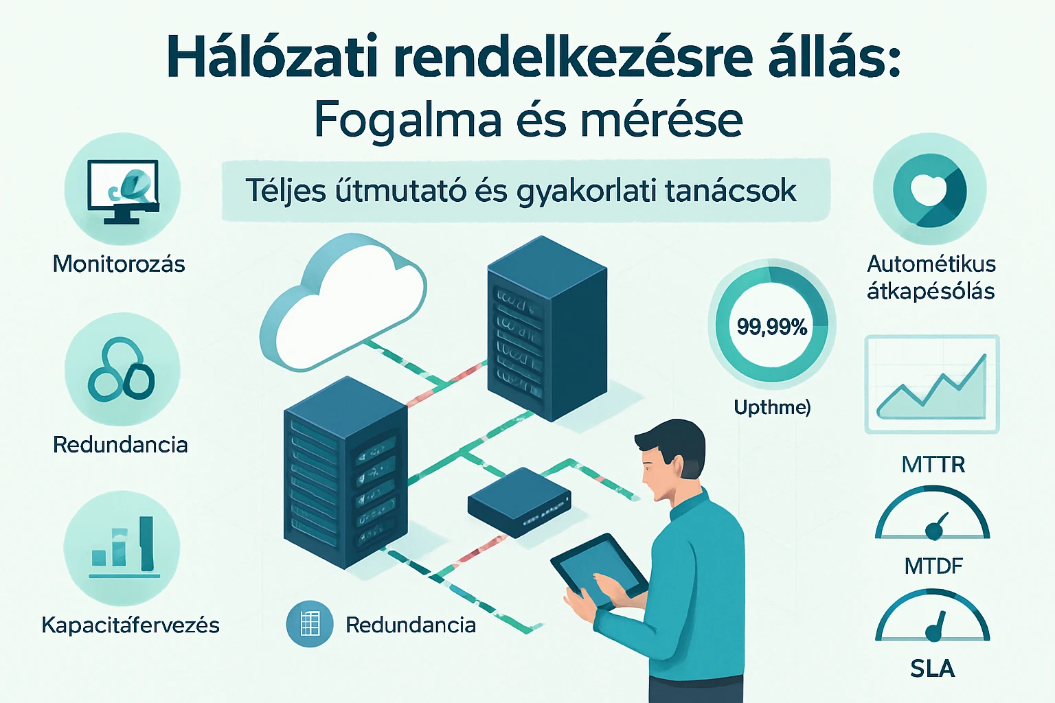 Egy férfi táblagépen dolgozik, miközben hálózati infrastruktúra diagramot néz.