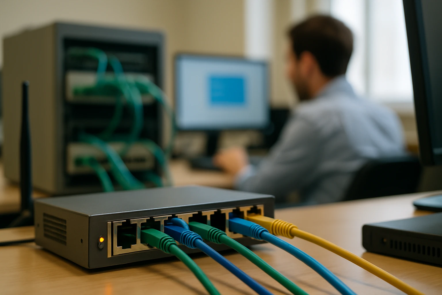 Egy hálózati switch, több színes ethernet kábellel, háttérben számítógéppel.