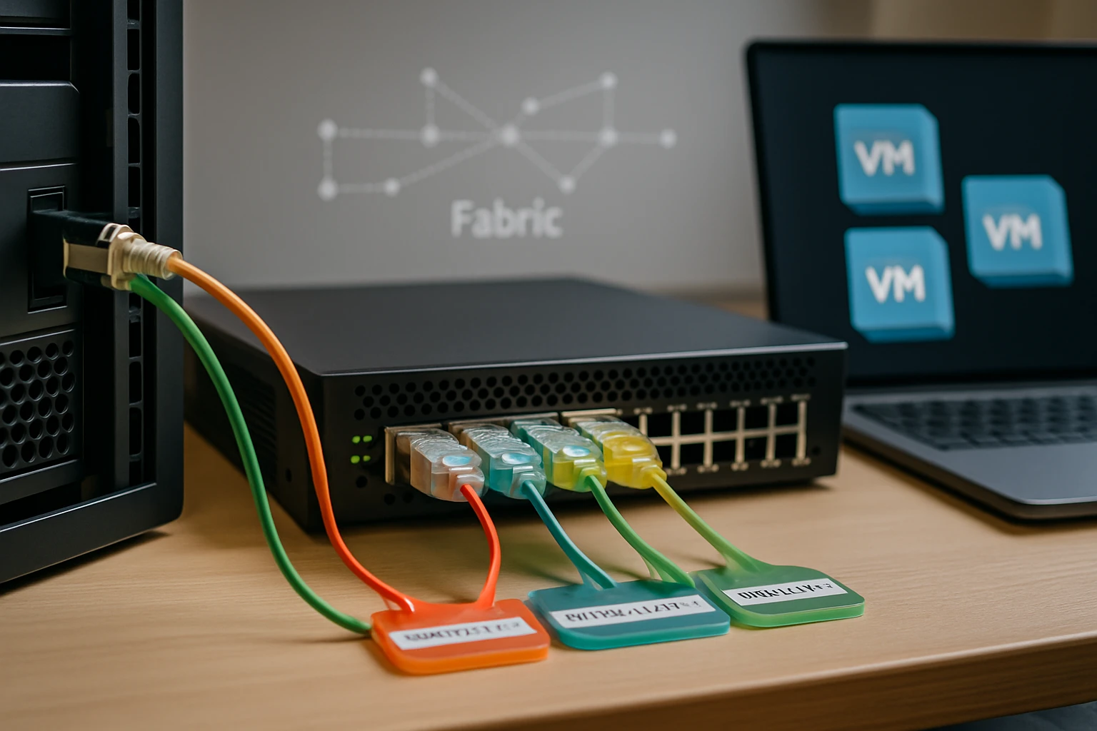 Egy hálózati switch, színes kábelekkel és címkékkel, háttérben laptop és grafika.