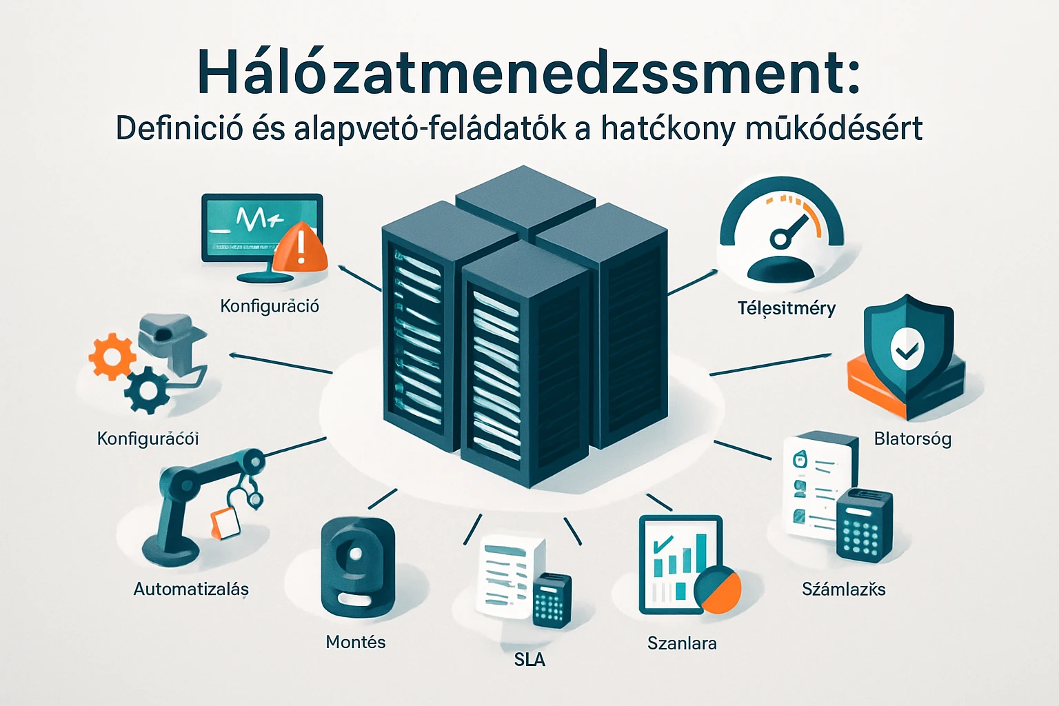 Hálózatmenedzsment grafika, amely bemutatja a főbb funkciókat és eszközöket.