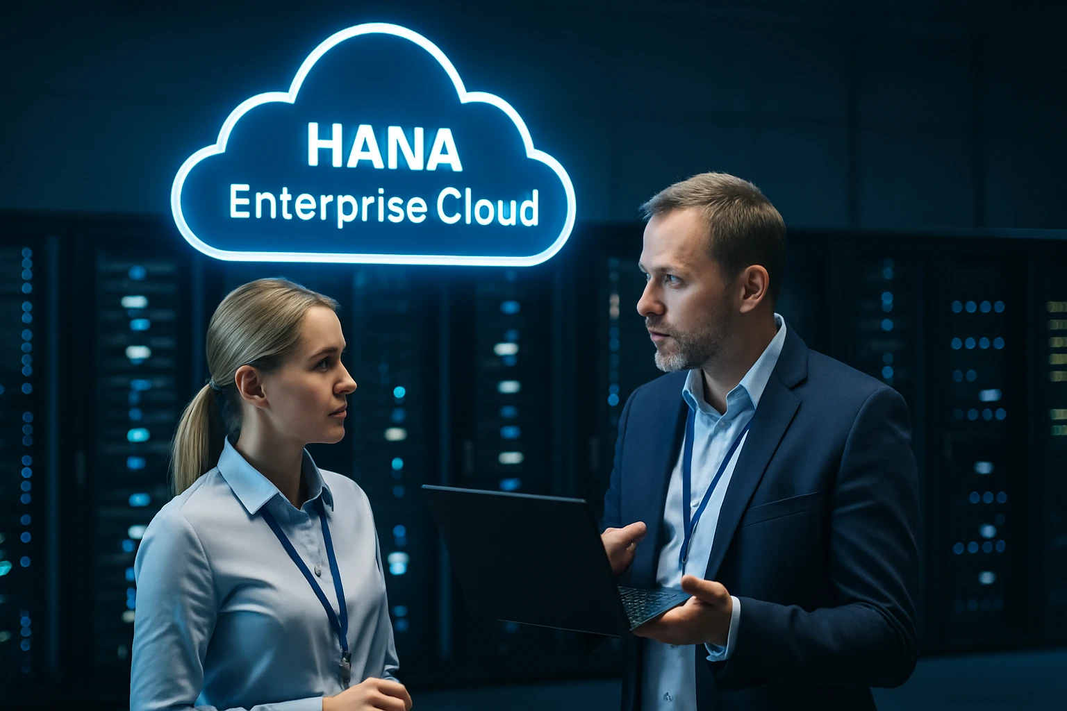 Két szakember beszélget a HANA Enterprise Cloud előtt, laptopot tartva.
