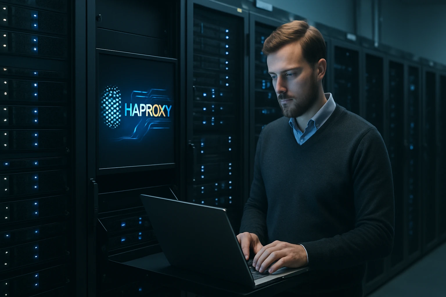 Egy férfi laptopon dolgozik egy szerverteremben, háttérben a HAProxy logóval.