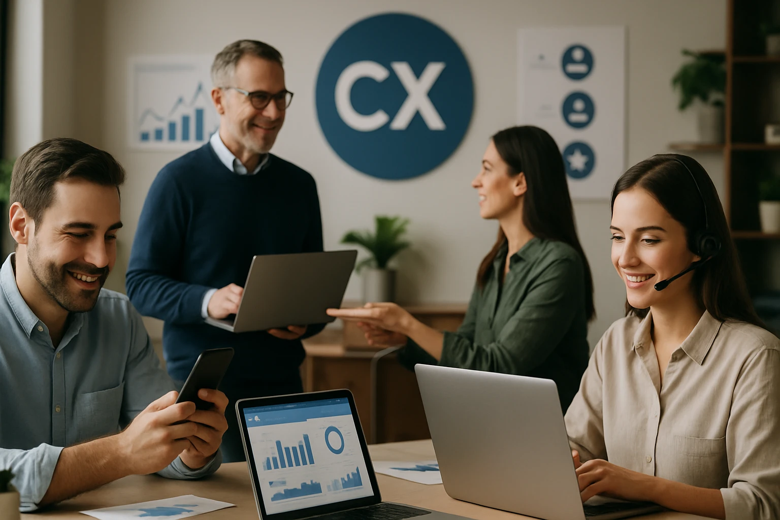 Egy modern irodai környezetben négy ember dolgozik, laptopokkal és okostelefonokkal.