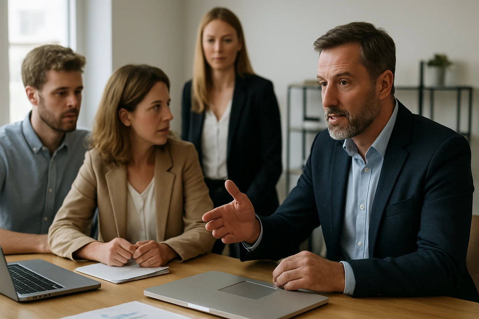 Egy férfi prezentál egy laptop előtt, míg három kollégája figyelmesen hallgatja.