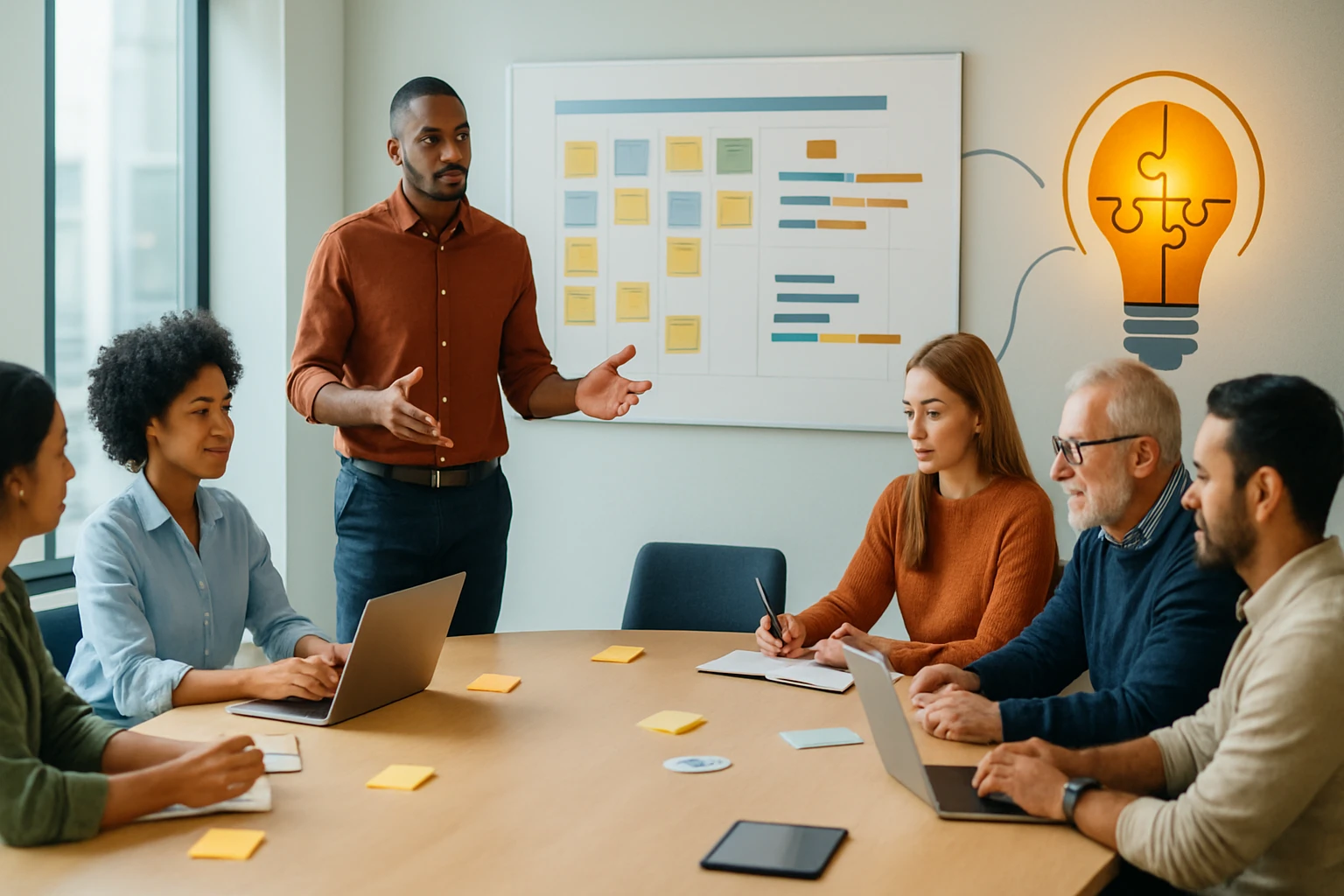 Egy csoport szakember egy értekezleten, ahol ötleteket osztanak meg.