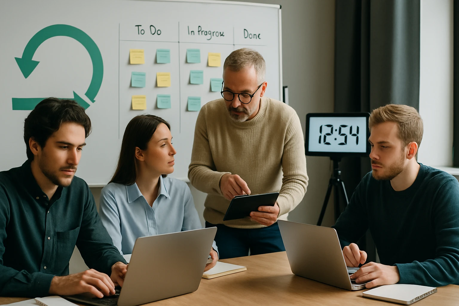 Egy csapat tagjai laptopok előtt ülnek, míg egy vezető táblagépen mutat információt.