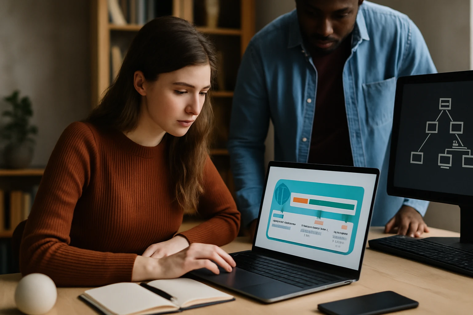 Egy fiatal nő laptopján grafikonok láthatók, miközben egy férfi segít neki.