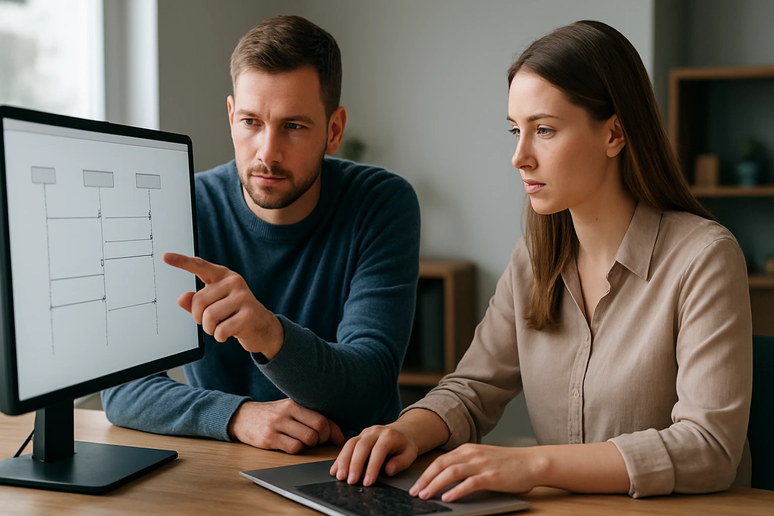 Két ember egy számítógép előtt, diagramokat nézve és beszélgetve.