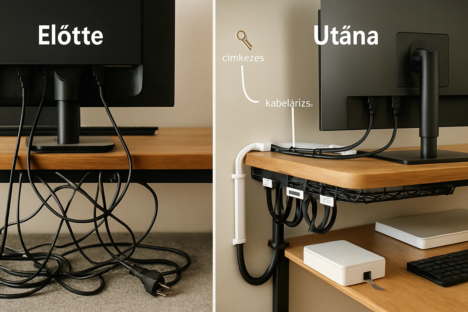 Kábelkezelés előtte és utána, rendezett asztali környezetben.