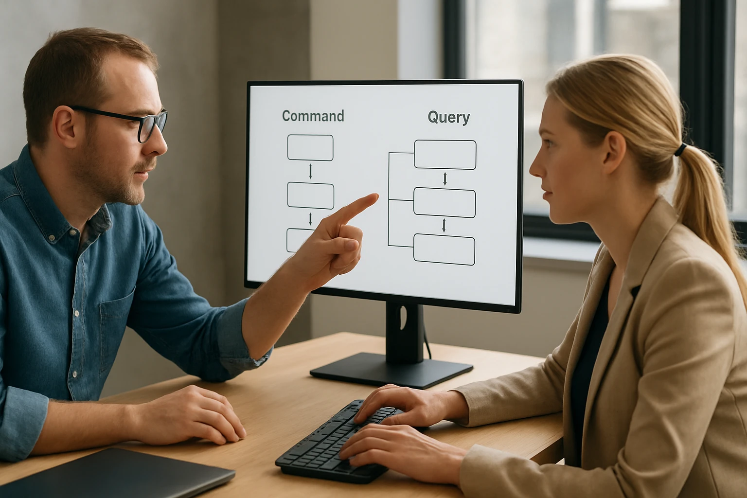 Két ember beszélget egy számítógép előtt, ahol parancs és lekérdezés diagram látható.