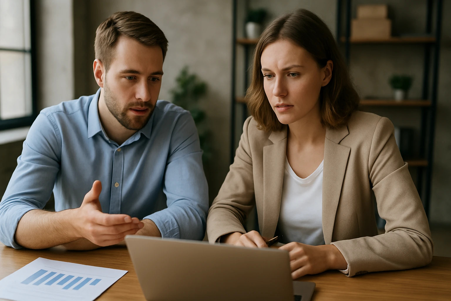 Két ember egy laptop előtt ül, a férfi beszél, a nő figyelmesen néz.