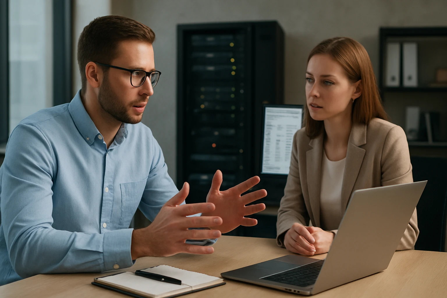 Két ember beszélget egy laptop előtt, a háttérben szerverek láthatók.