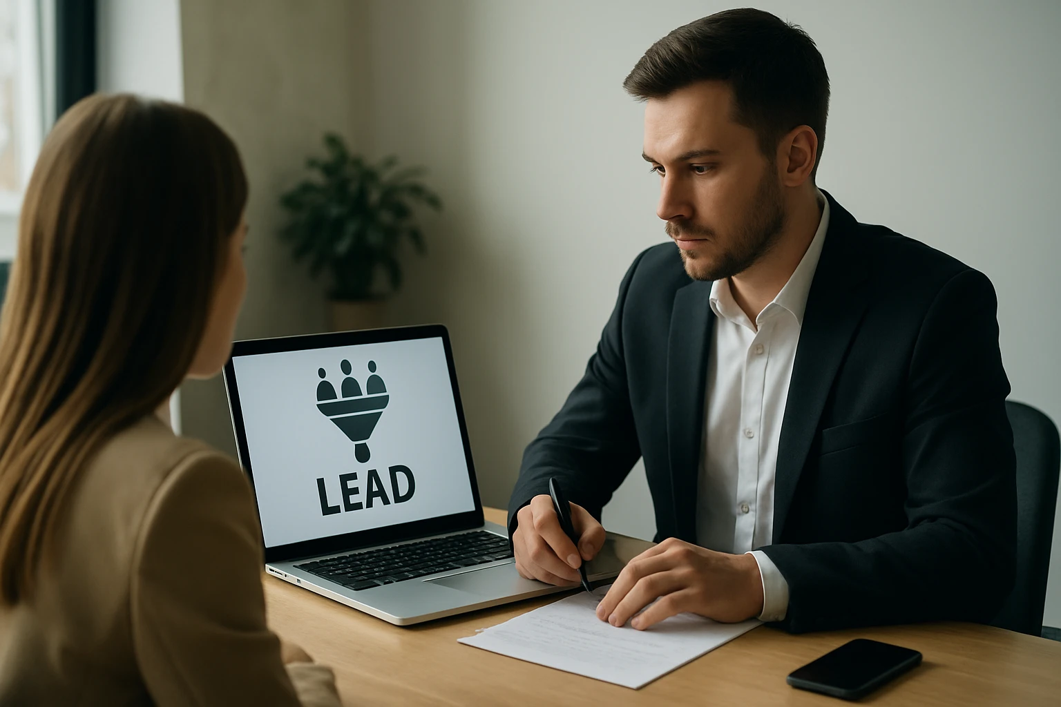 Egy férfi és egy nő ül egy asztalnál, a férfi laptopján a 'LEAD' felirat látható.