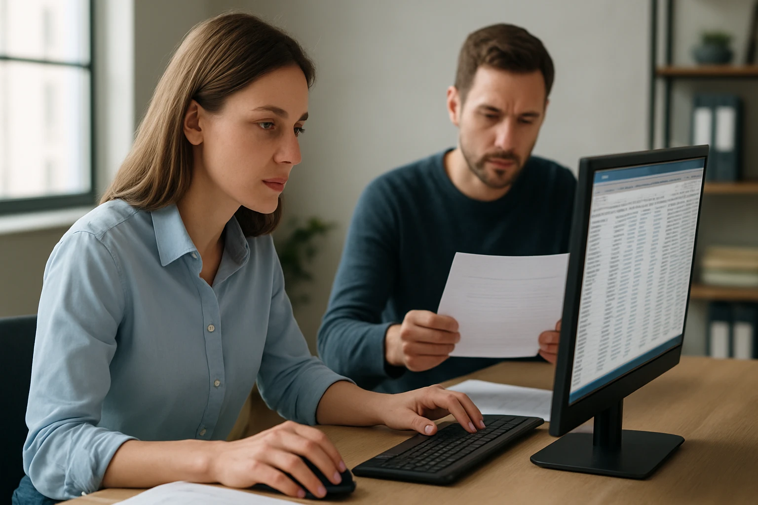 Két ember dolgozik egy számítógépnél, az egyik a billentyűzetet használja.