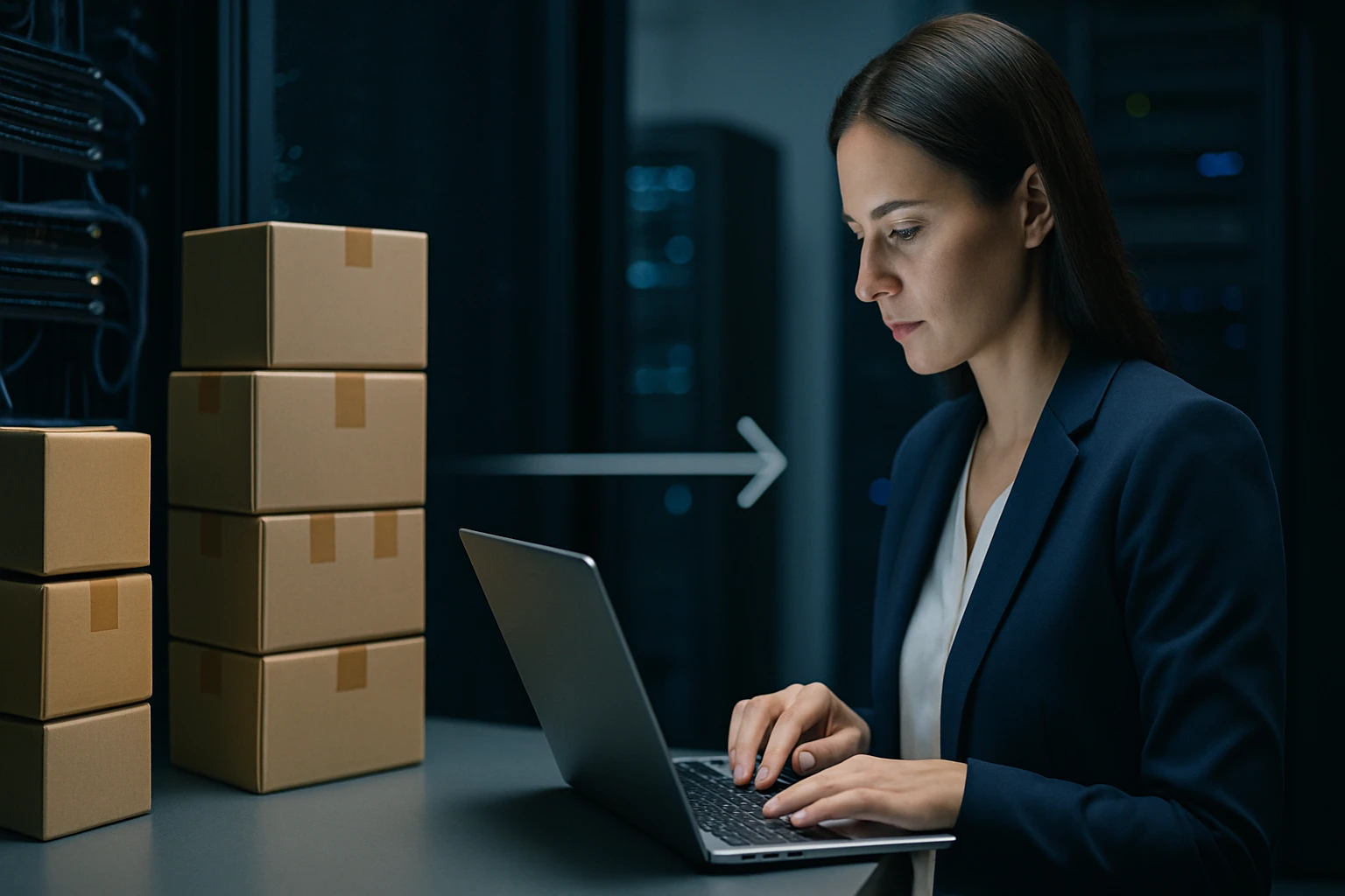 Egy nő laptopon dolgozik egy sötét szerverhelyiségben, dobozok mellett.