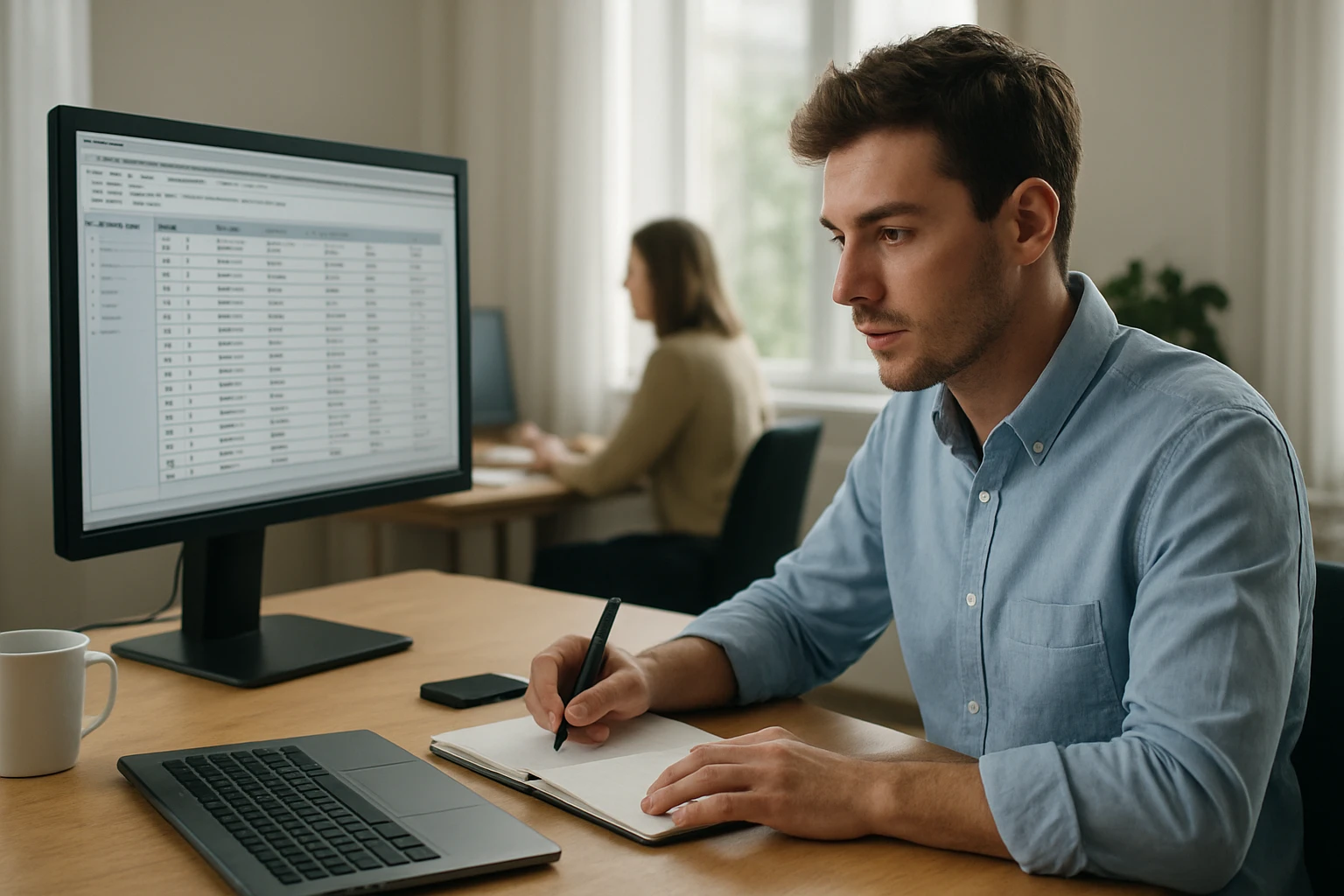 Egy fiatal férfi dolgozik a számítógépén, jegyzetel egy füzetbe.