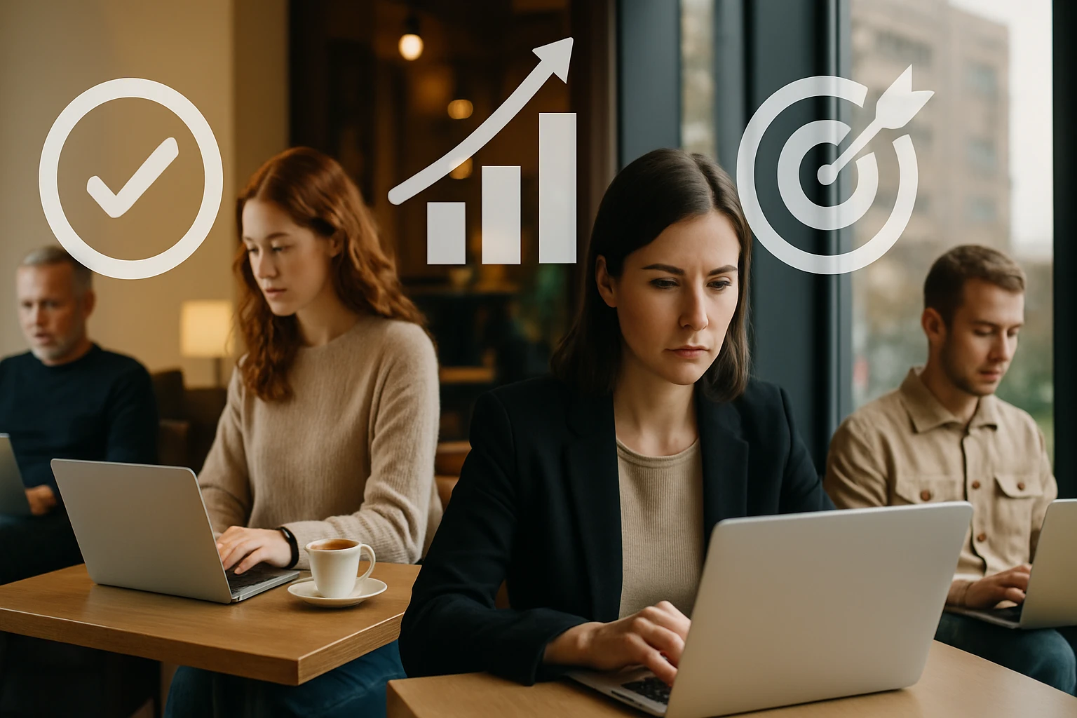 Négy ember dolgozik laptopon egy kávézóban, különböző grafikai elemekkel a háttérben.