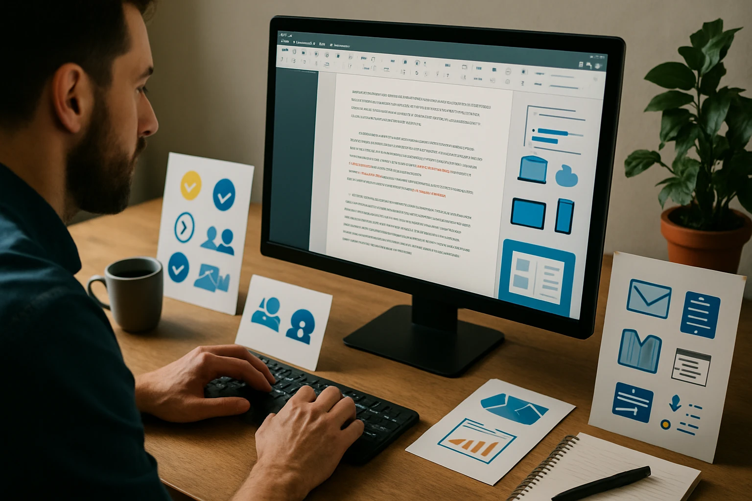 Egy férfi dolgozik a számítógépén, dokumentumot szerkesztve, körülötte grafikai elemek.