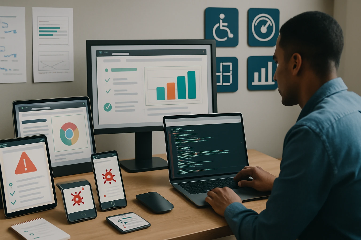 Egy férfi több képernyő előtt ül, programozás közben, különböző eszközökkel.