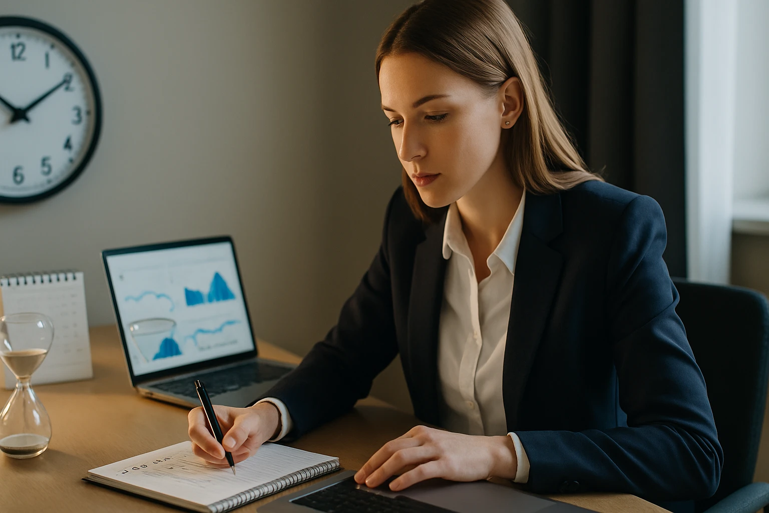 Egy fiatal nő üzleti öltözetben jegyzetel egy asztalnál, laptop előtt.