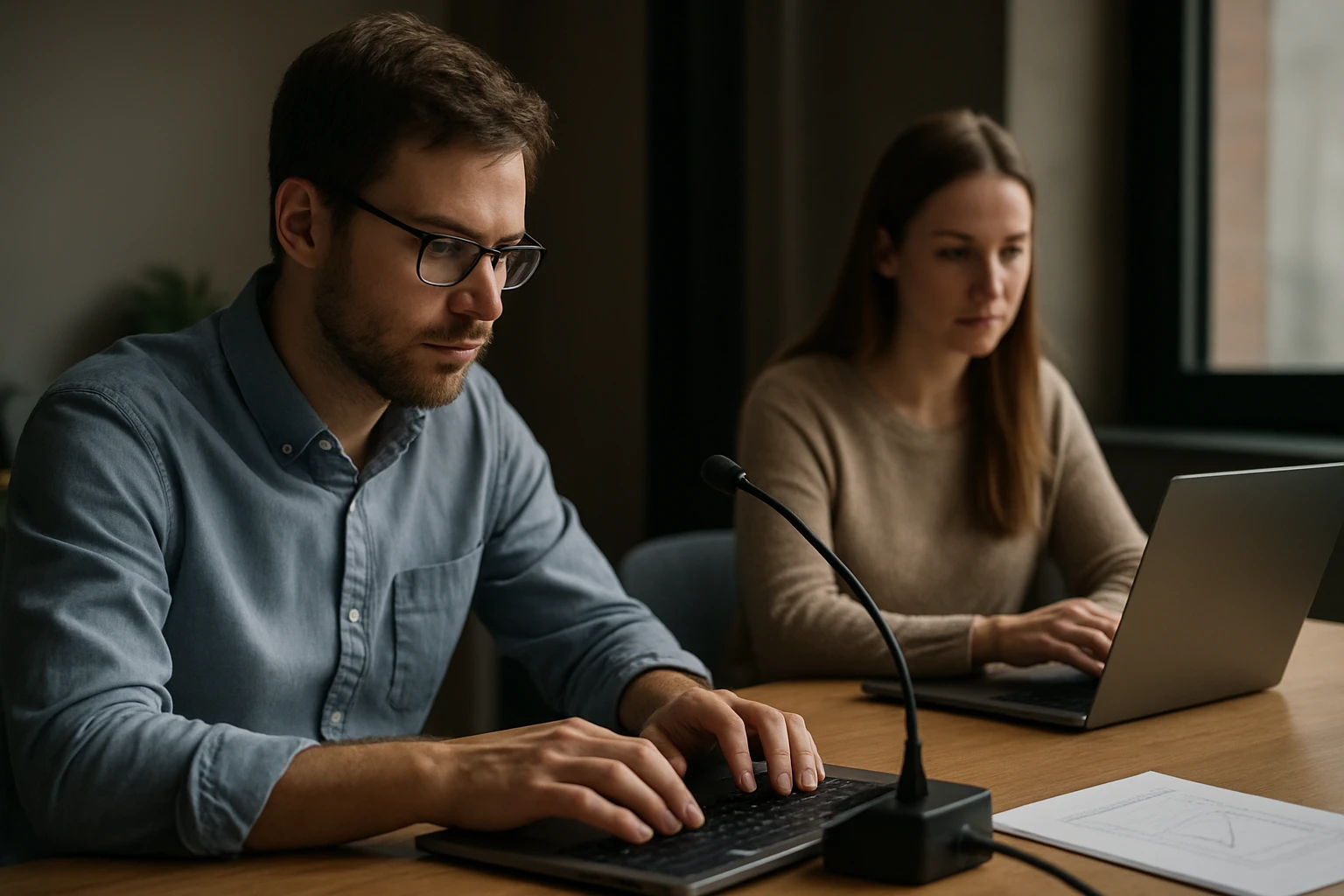 Két ember dolgozik számítógépen egy modern irodai környezetben.