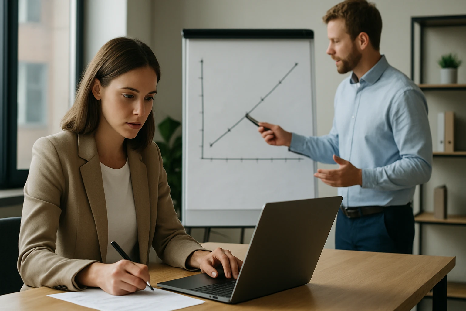 Egy nő laptop előtt ül, míg egy férfi prezentál a háttérben.