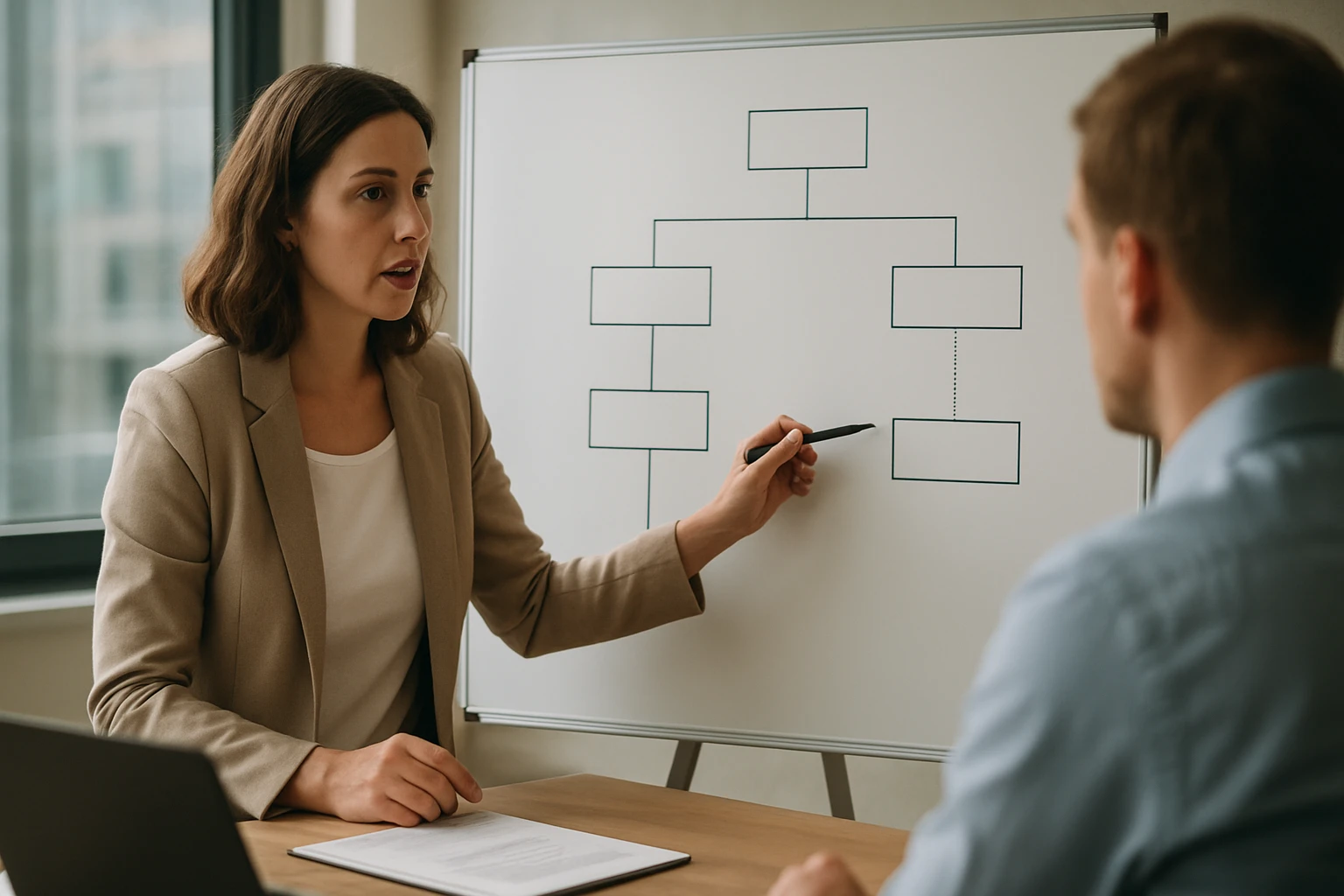 Egy nő egy táblán diagramot mutat be, míg egy férfi figyelmesen hallgat.