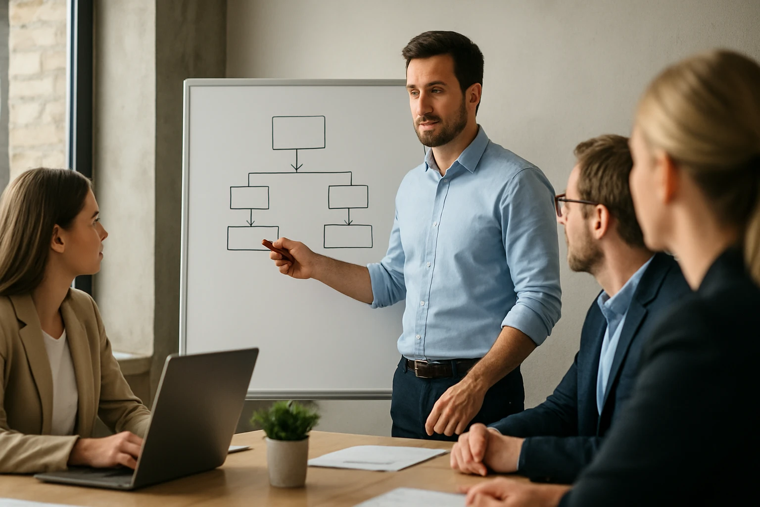 Egy férfi prezentál egy diagramot egy értekezleten, míg a hallgatóság figyel.