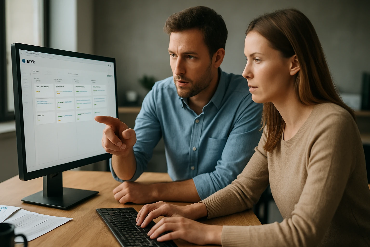 Két ember egy számítógép előtt, projektmenedzsment szoftvert néznek.