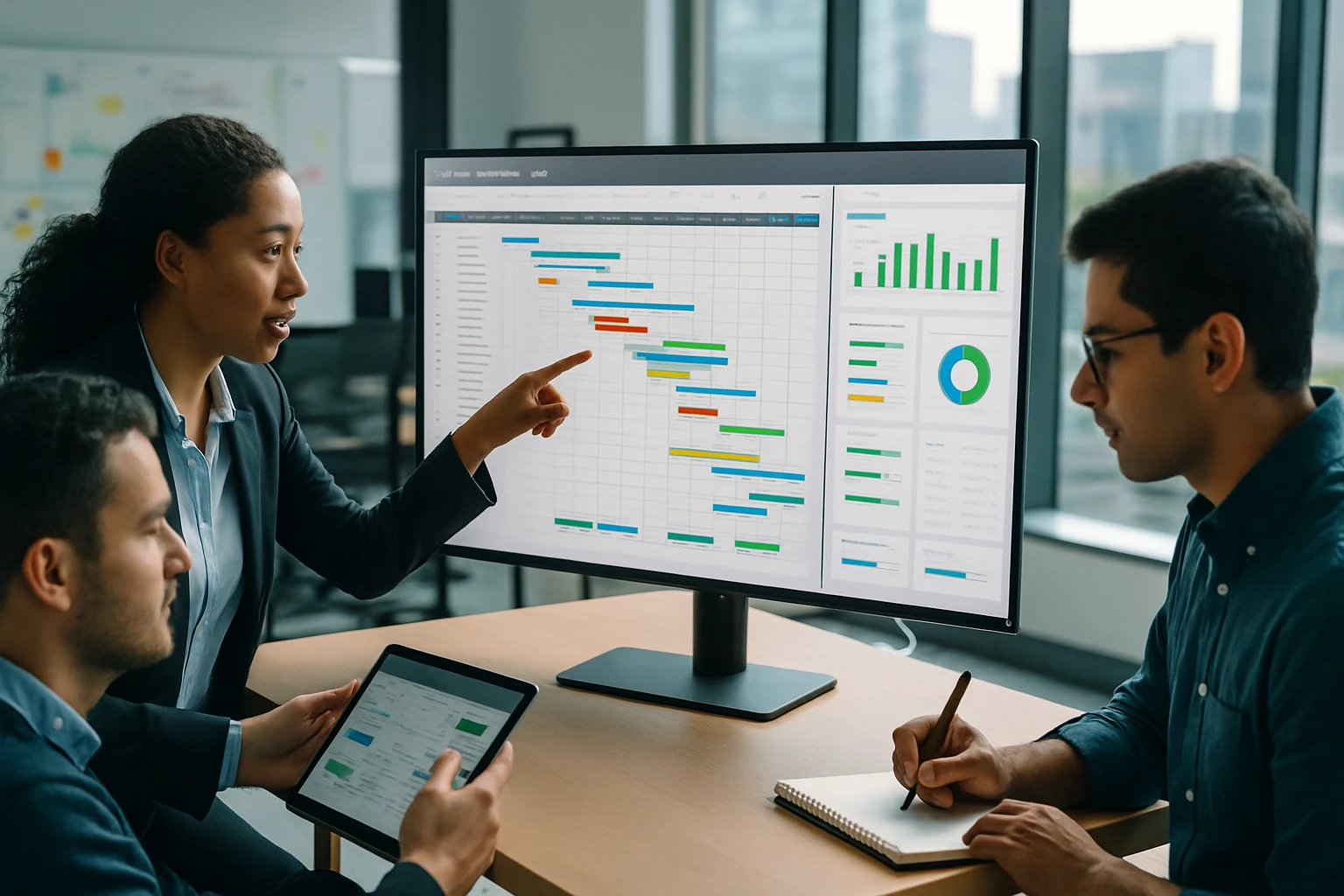 Egy nő mutat egy projektmenedzsment táblázatra, míg két férfi figyelmesen hallgat.